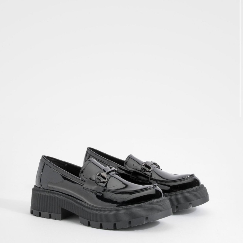 Patent chunky t bar loafers